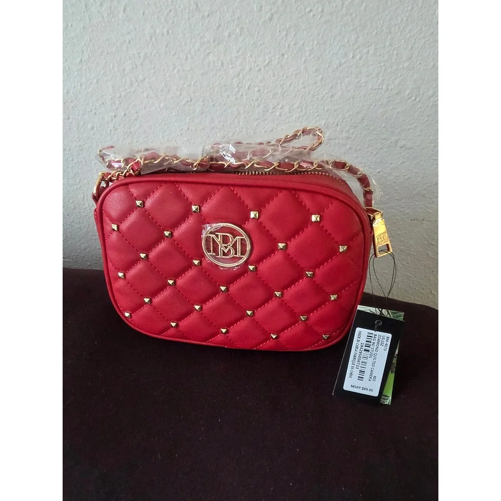 Studio Badgley Mischka Red Quilted Studded Camera Bag BM-4073 Crossbody